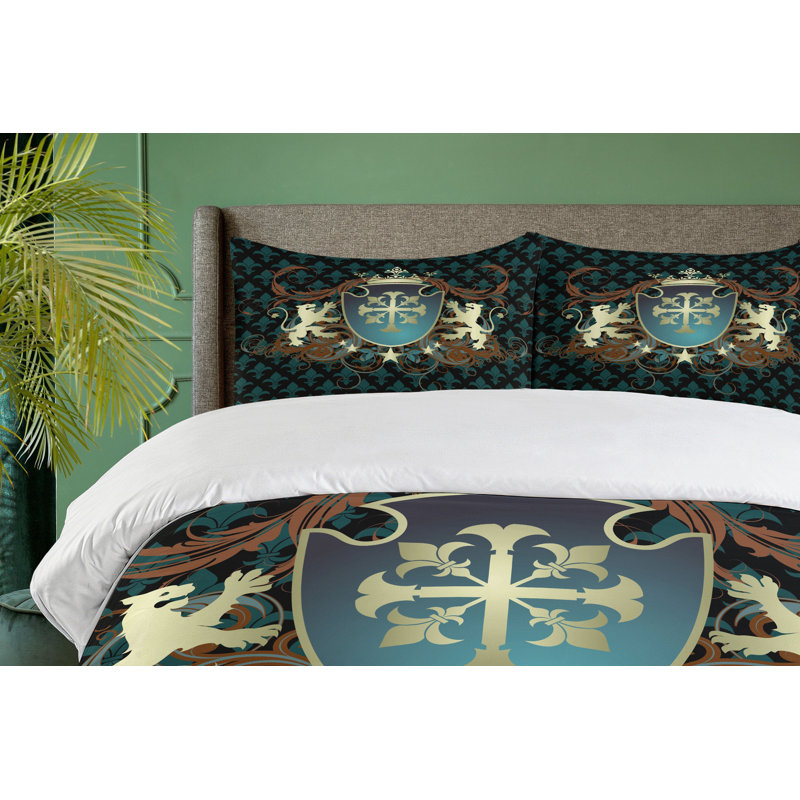 Medieval Heraldic Teal Black Microfiber Queen Duvet Set