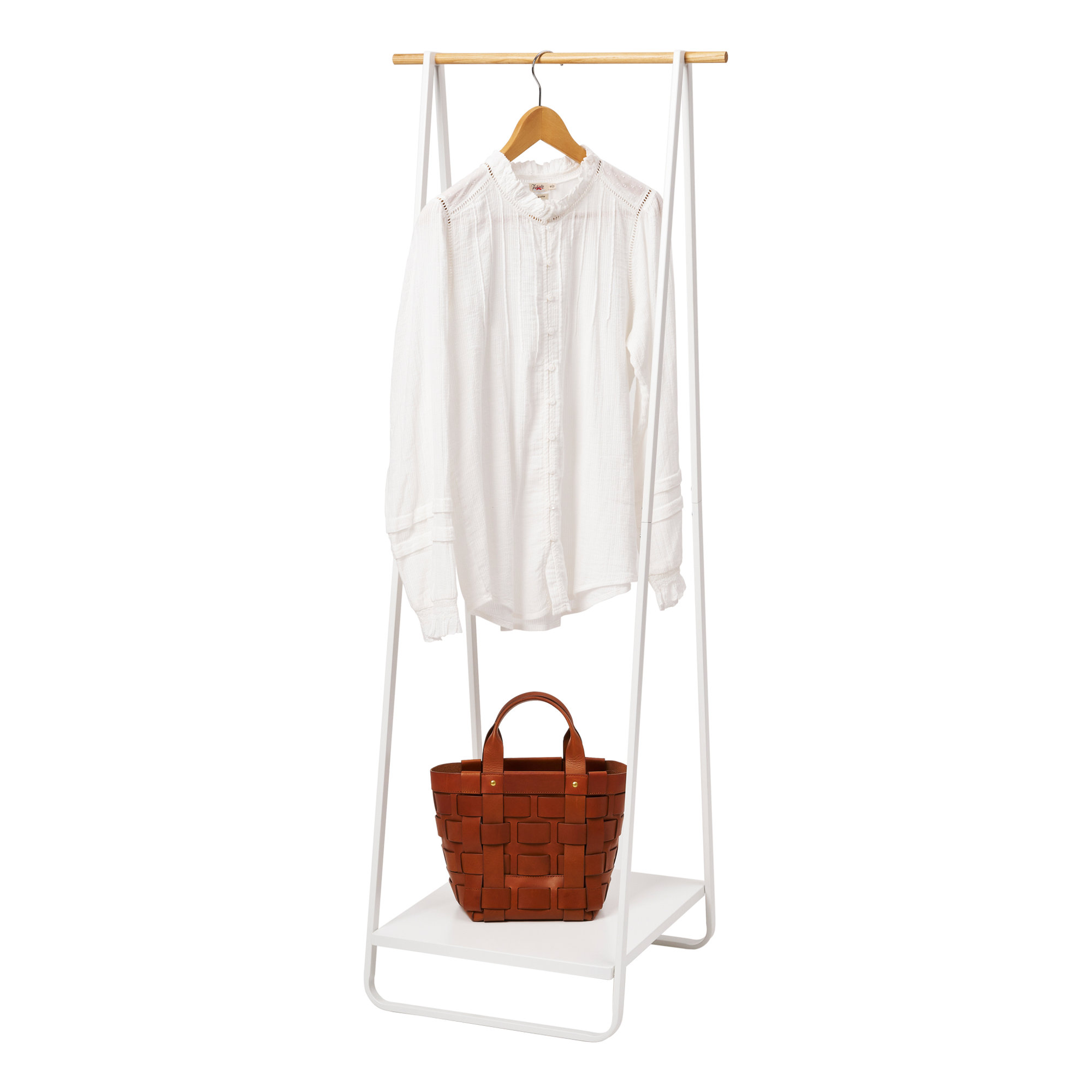 Yamazaki Home Tower Freestanding Coat Hanger Clothes Rack With Shelf, 55" - Steel, White