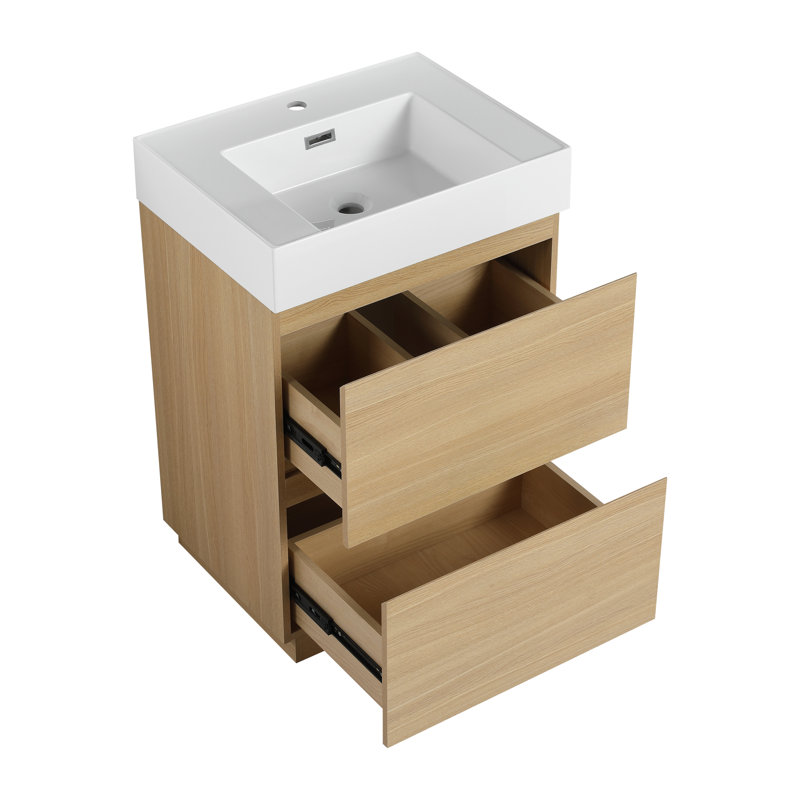 24" Single Freestanding Bathroom Vanity Set, Floor Standing Vanity With Resin Basin Sink Top, 2 Drawers, Beige, 24"