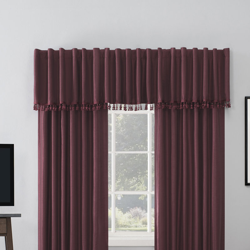 Bordeaux Red Faux Silk Blackout Valance with Beaded Tassels