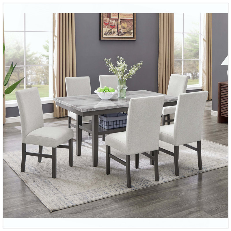 Ensemble 7 pièces de chaises de salle à manger rectangulaires en faux marbre