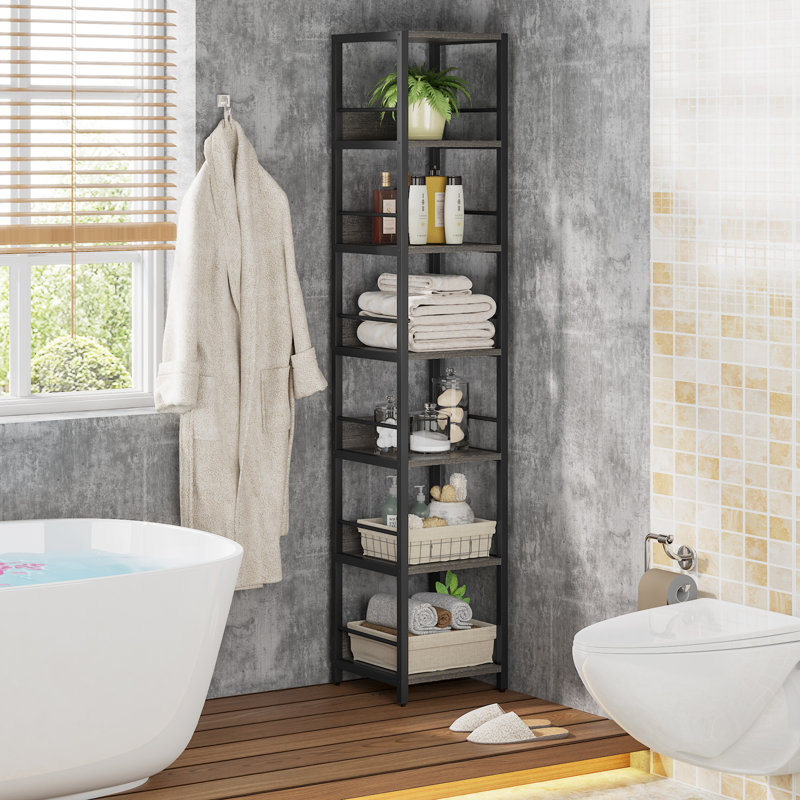 74.8" H x 13.39" W Wooden and Metal Stainless Steel Etagere Bookcase, (6 Shelves) 74.8" H x 13.39" W x 13.39" D, Black/Gray