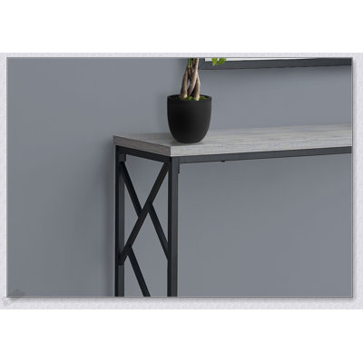 Modern Narrow Console Table With Grey Laminate Top And Metal Base, Perfect For Entryways And Sofa Sides.
