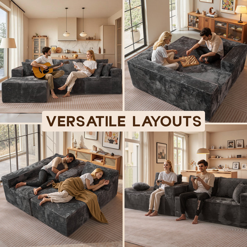 Navarrie No Assembly Required- 2 Piece Free Combination Compression Sectional, Gray Faux Fur, Left Chaise Facing