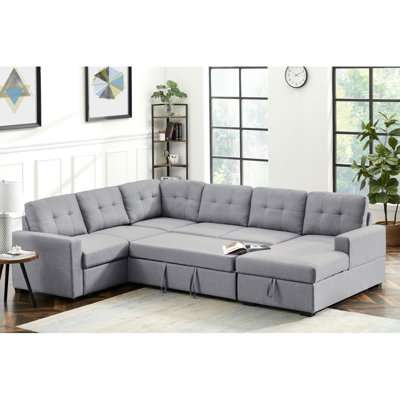Modern Sofa 115.5" Linen Fabric Sleeper Sectional Sofa With Storage Chaise Modular Sofa Convertible Sofa
