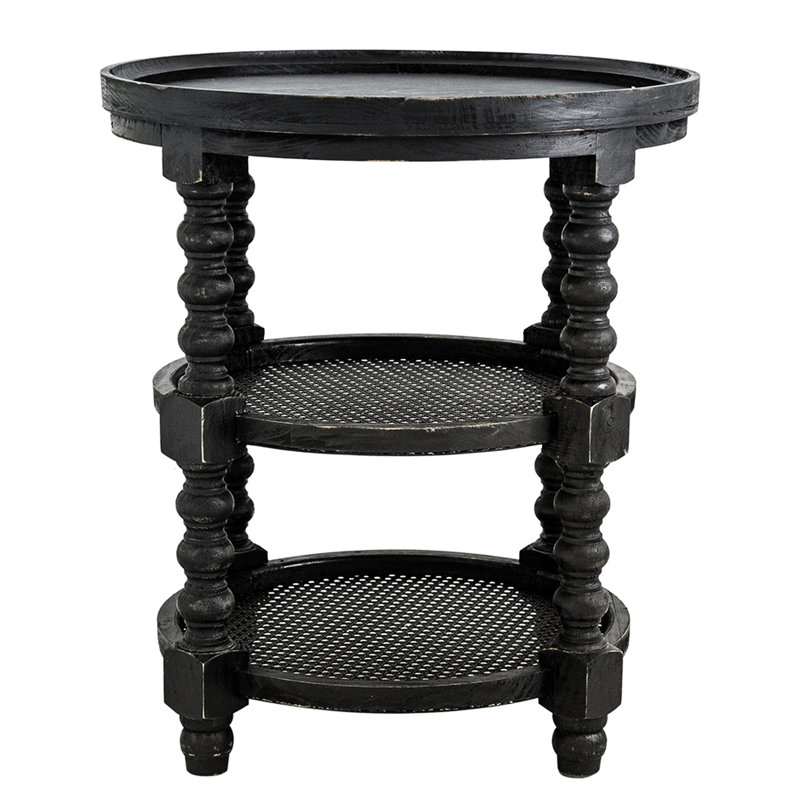 Table ronde avec tablettes - bois noir pour un charme rustique et deux rangements ouverts