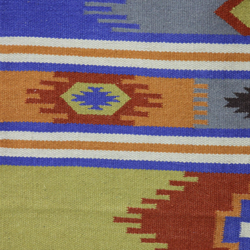 Tapis orange/bleu en laine tissé à la main dhurrie holi delhi