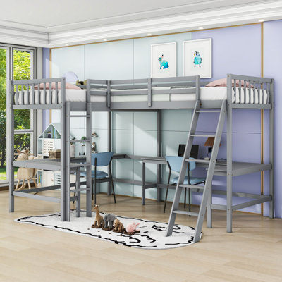 Twin And Twin L-Shaped Loft Bed With Ladder And 2 Built-In L-Shaped Desks by Harriet Bee