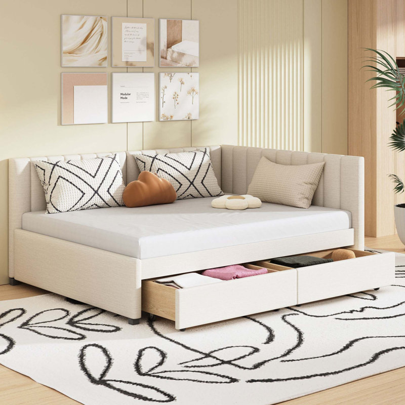Upholstered Daybed With 2 Storage Drawers, Beige, Full