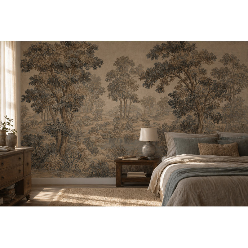 Papier peint paysage pastel Woodland Illustration murale, 140"x108", Peel and Stick