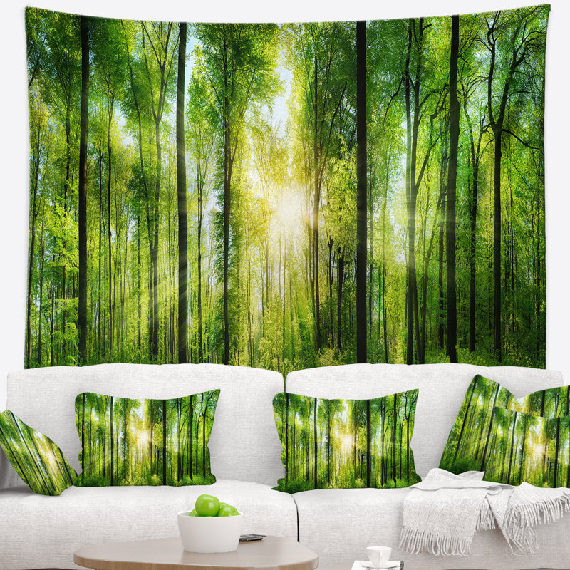 Forêt de paysage avec des rayons de sun panorama tapisserie, H 32 po x l 39 po