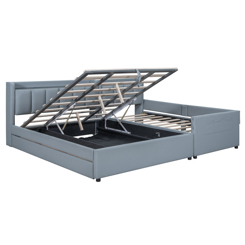 Grand lit plateforme tapissier grand lit, lit mère et enfant avec système de rangement hydraulique, tiroir, tablette de rangement pour tête de lit et deux paires de prises et ports USB, cuir synthétique