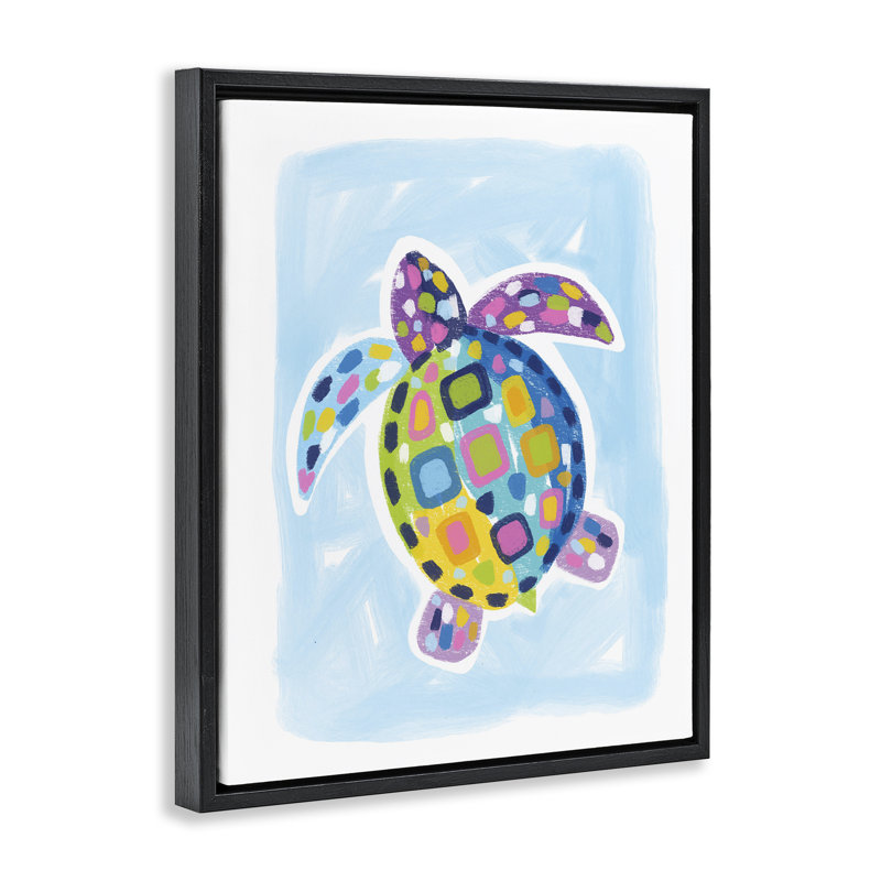 Tortue mosaïque sur toile encadrée flottante bleue par Lisa Nohren, Cadre flottant noir de jais, H 21 po x l 17 po