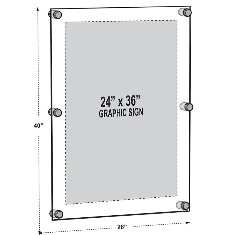 Floating Acrylic Wall Frame with Silver Stand Off Caps: 24" x 36" Graphic Size, Overall Frame Size: 28" x 40"