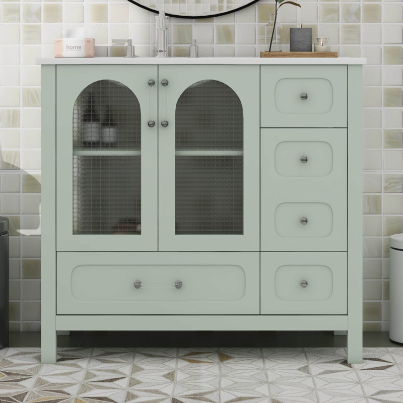 Meuble-lavabo 36 po avec portes en verre texturé gaufré et quatre tiroirs