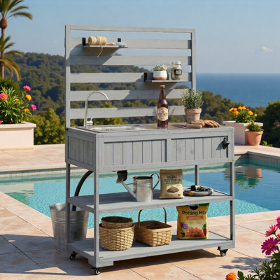 Large Patio Rolling Kitchen Island Cart With With Sink, Stainless Table Top, Open Shelving, 2 Movable Shelves And 1 Bottle Opener