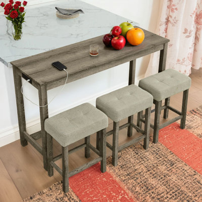 59 Inch Bar Table/ Dining Table/ Sofa Table With Power Outlet/ 3 Upholstered Stools/ 4 Piece Bar Table And Chair Set For Living Room/ Dining Room/ Kitchen