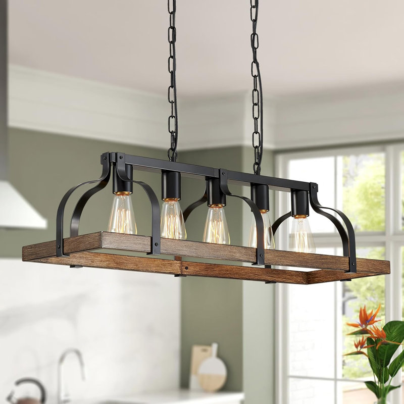 Rustic Black and Wood Grain Linear Pendant Chandelier