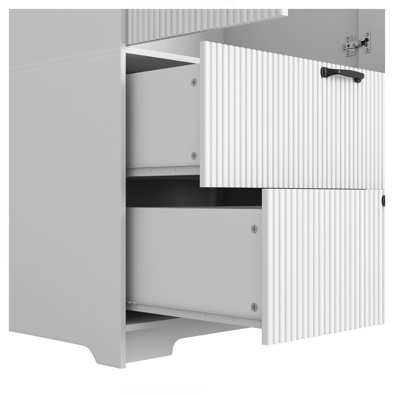 Armoire-penderie 4 portes avec miroir, éclairage DEL, 2 tiroirs, meuble de rangement en bois avec garde-robe et étagères réglables, blanc