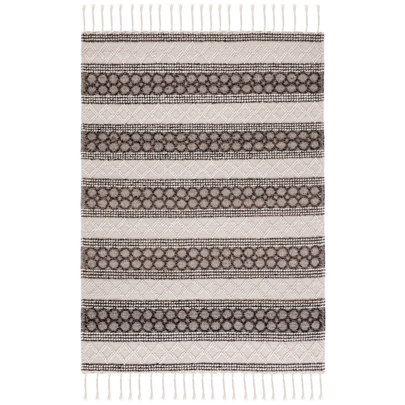 Rahate Hand Woven Wool/Cotton Geometric Rug in Black/Ivory, Rectangle 3' x 5'