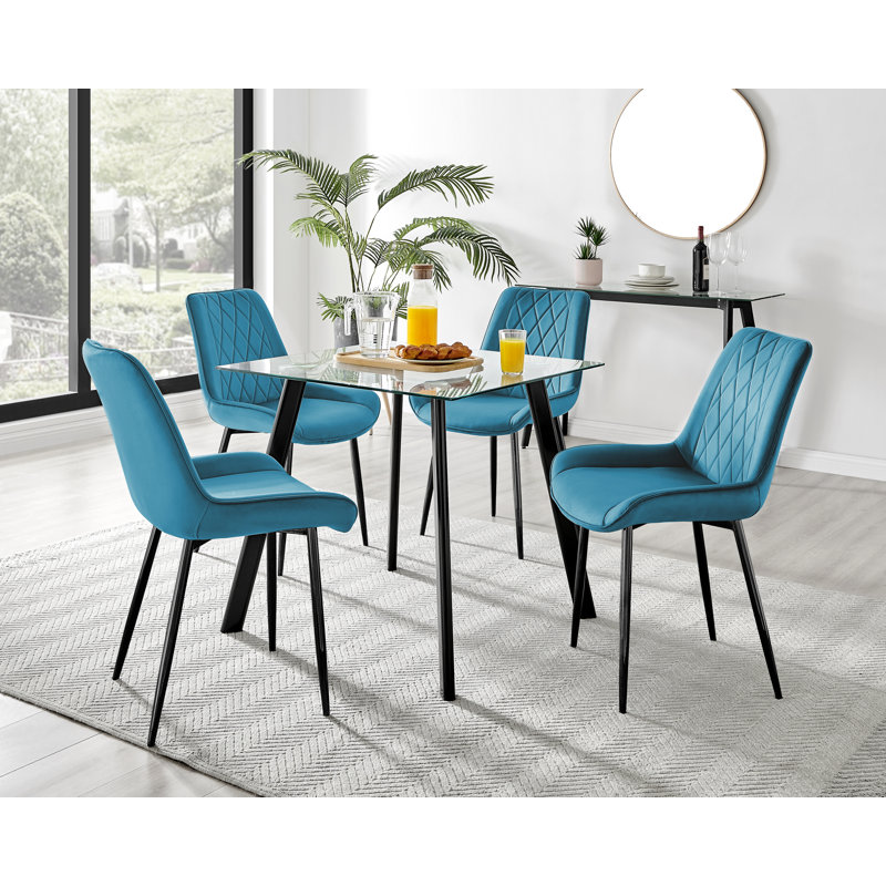 Scandinavian Style Glass and Metal Leg Square Dining Table Set - 4 Modern Velvet Dining Chairs, Blue/Black