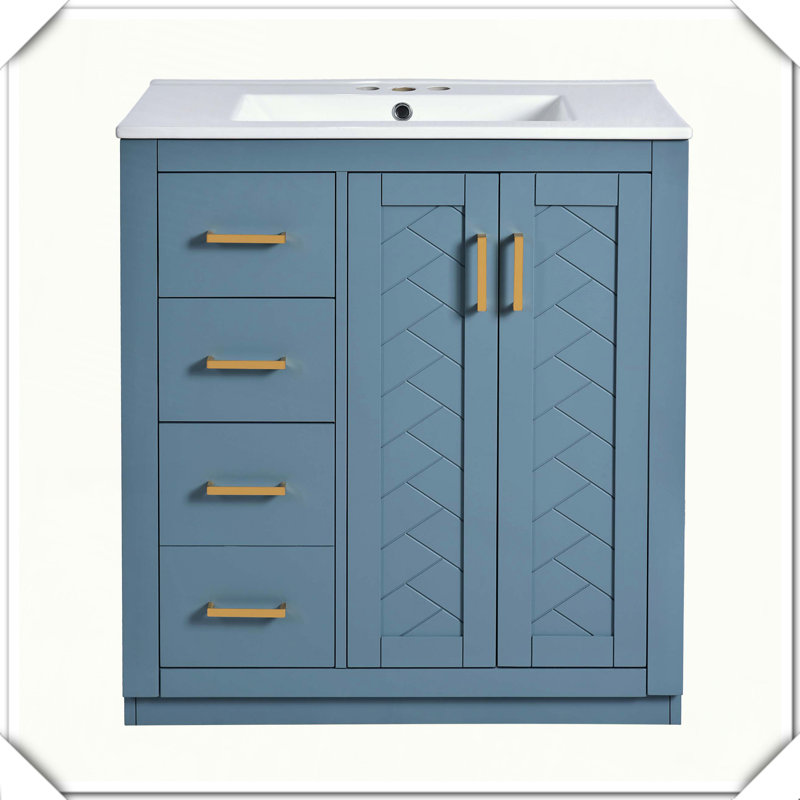 Meuble-lavabo autoportant en bois massif avec tiroirs et portes à fermeture douce, Indigo