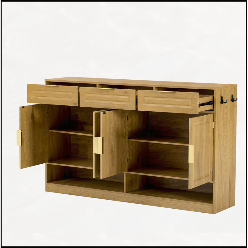 Buffet avec 3 tiroirs et 4 portes, buffet de rangement multifonctionnel de 59,1 pouces, Naturel