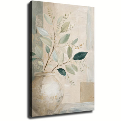 Print Canvas Wall Art Neutral Beige Vase Eucalyptus Leaf Botanical Textured Soft Sage Green Minimalist Farmhouse Dining Room Wall Decor