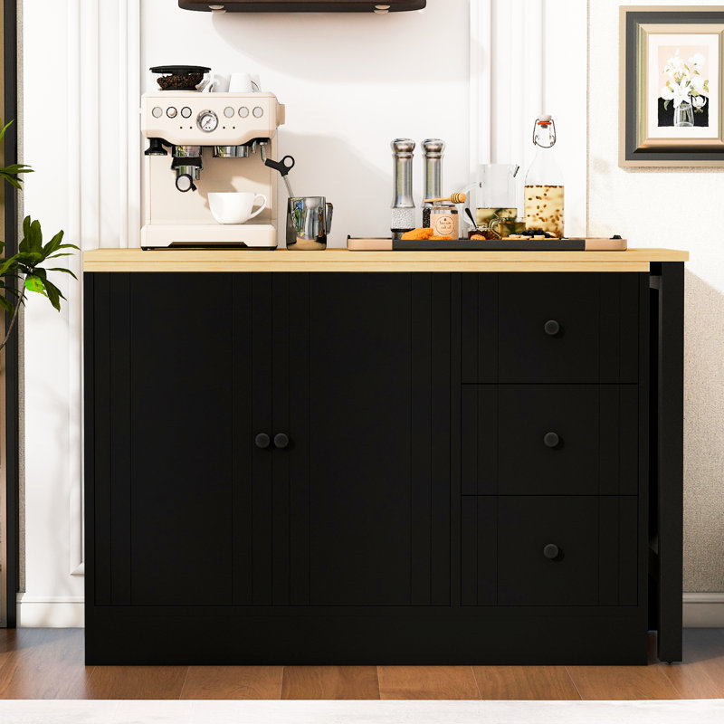 Buffet 89,7 po multifonctionnel avec table de salle à manger escamotable, tablette réglable, tiroirs spacieux et surface lisse peinte pour la maison Armoire de rangement extensible en bois 2 portes 3 salon, bureau,