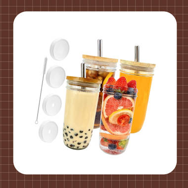 Bubble Tea Glass Cup Boba Cup with Glass Lid Set for Juice Boba