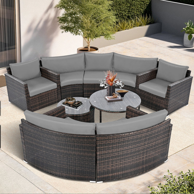 7 Peson Half-moon Patio Furniture Set w/ Coffee Table，9-Piece Wicker Sectional Seating Group w/ Cushions, Gray, Gray