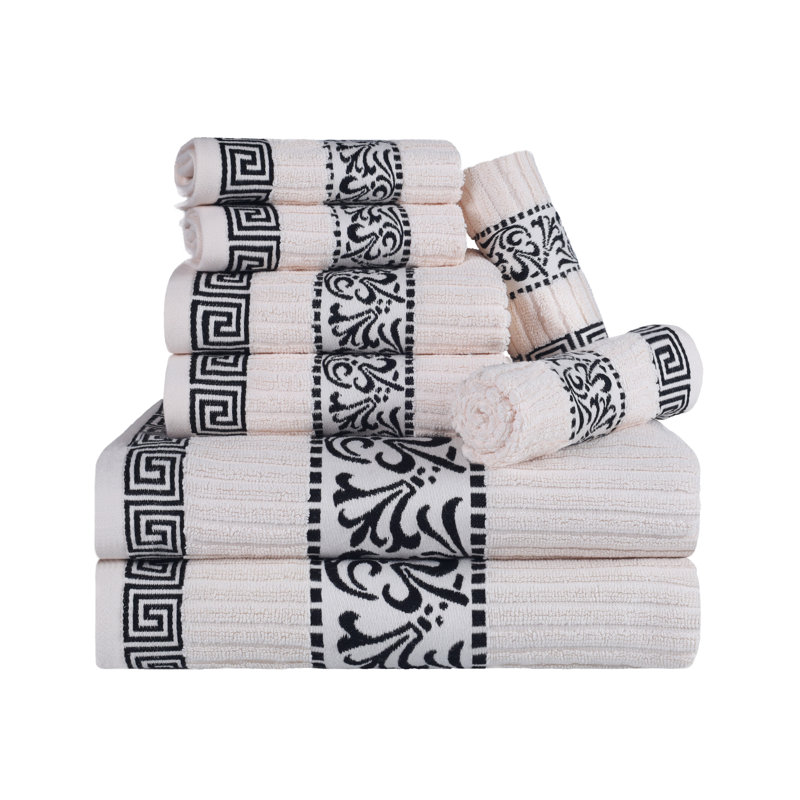 Athens 100% Cotton Medium Weight Floral Border 8-Piece Towel Set, Ivory/Black