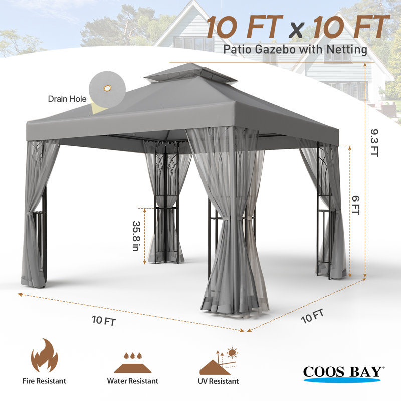 Gray 10' x 10' Metal Frame Patio Gazebo with Netting