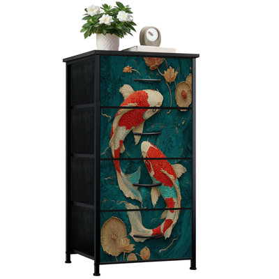 Dresser for Bedroom with 4 Storage Drawers Koi Fish Swimming Among Water Lilies Elegant Japanese Art Style Dressers Chest of Drawers Steel Framed Fabric Closet Organizers for Dorm Entryway