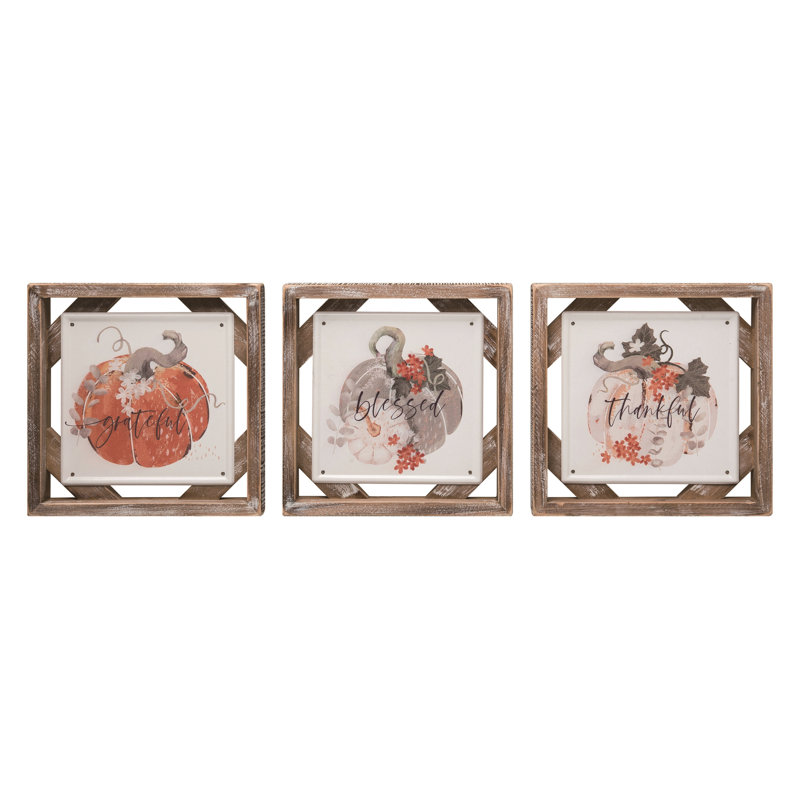Wood Framed Pumpkin Decor Set of 3 Fall Harvest Home Decorations