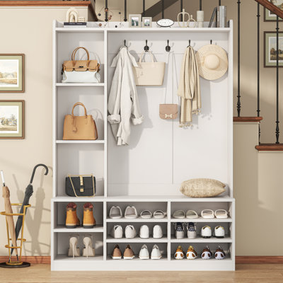 Hall Tree with Storage Bench, 5-in-1 Entryway Bench with Coat Rack, Adjustable Shoe Storage, Hanging Hooks, Shoe Organizer for Entryway