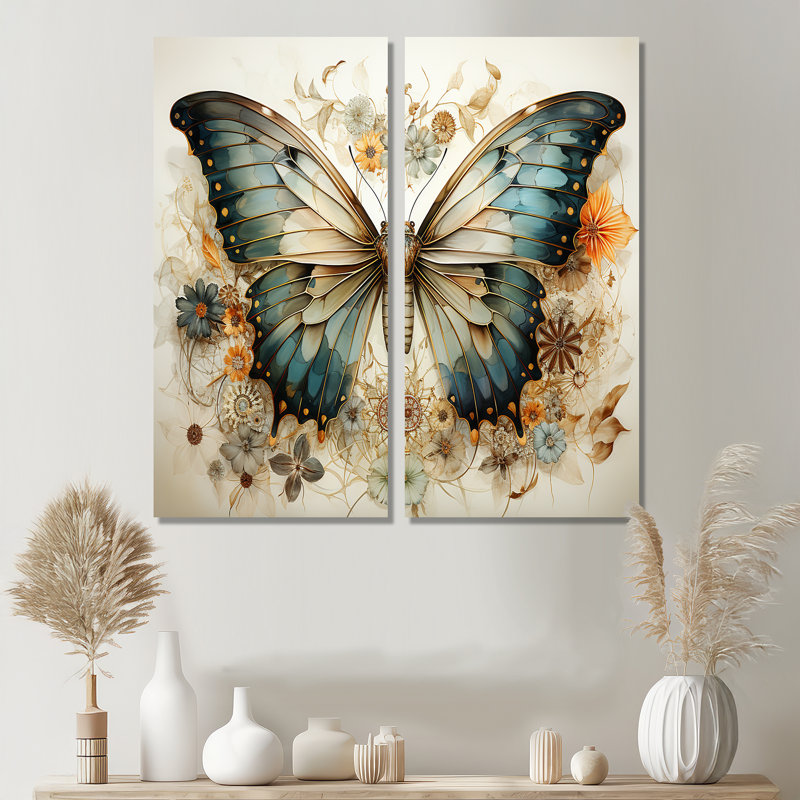 Papillon beige sarcelle, motifs complexes - ensemble de 2 reproductions d'animaux, H 40 po x l 40 po, Toile tendue