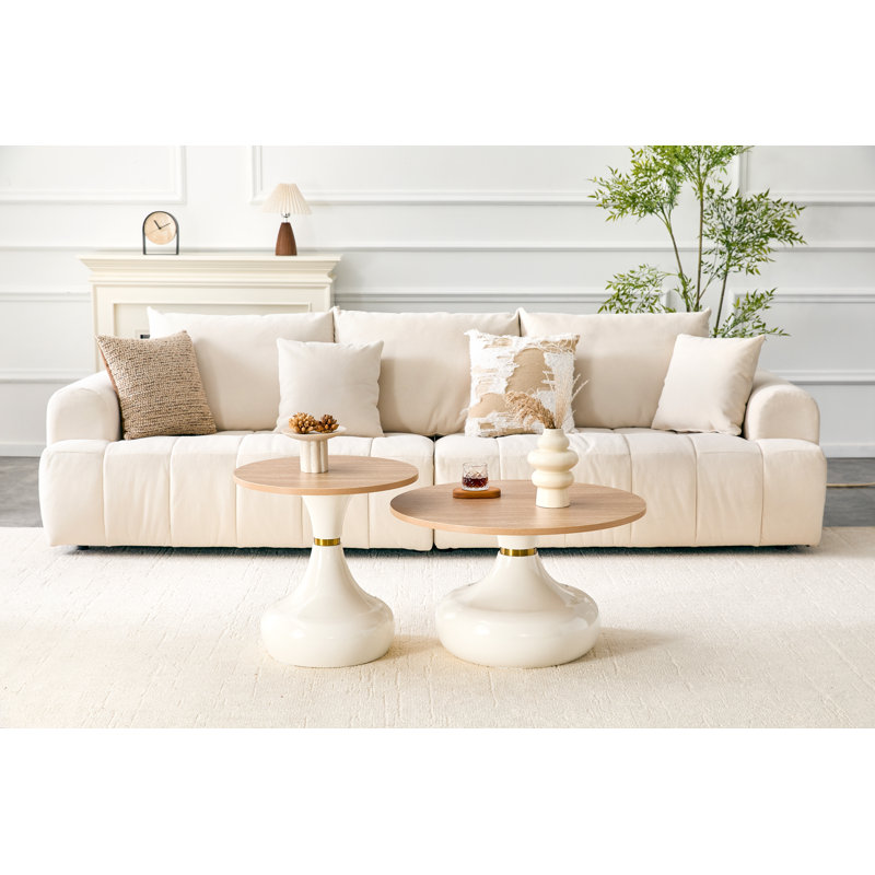 Ensemble de 2 tables basses rondes modernes en forme de gourde avec base dorée pour le salon, Off White,Wood