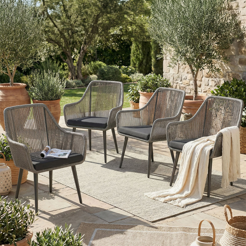 Wicker Premium All-Weather Wicker Outdoor Dining Armchair with Cushion, Beige Frame/Gray Cushion