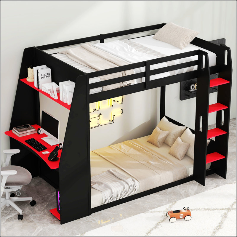 Twin Size Wooden Gaming Bunk Bed with Desk,Two Storage Shelves,USB and LED Light, Black/Gray