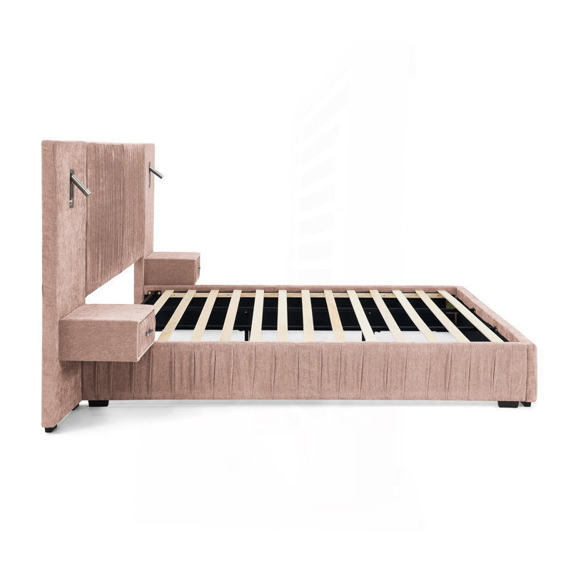 Structure de lit tapissier grand format avec tissu en chenille avec motif plissé, lit plateforme grand format avec tête de lit, structure solide et table de chevet. Pas de sommier tapissier nécessaire - rose