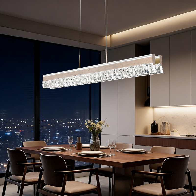 Lustre linéaire moderne avec télécommande, luminaire suspendu en cristal à intensité variable pour îlot de cuisine, salle à manger et plafonnier de salon