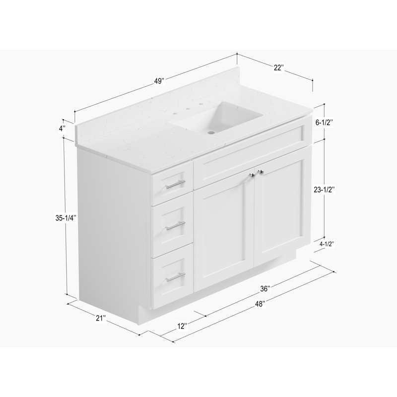 Disar 49'' Single Bathroom Vanity with Quartz Top, Right, White