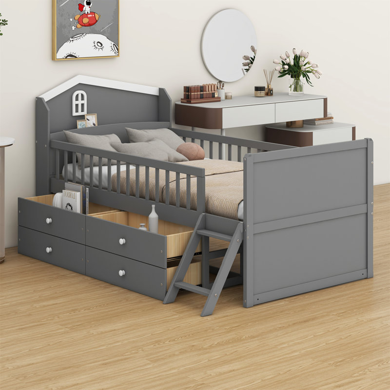 Cadre de lit avec rangement à 4 tiroirs, cadre de lit en bois pour enfants, lit plateforme avec tête de lit garde-corps et échelle