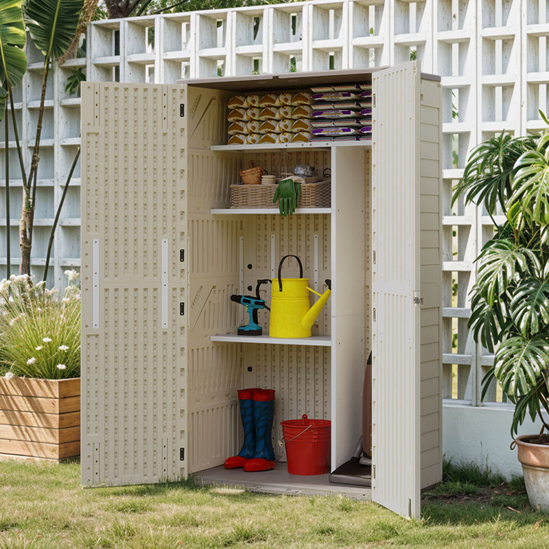 4 ft.W X 6.8 ft.H Outdoor Storage Unit with Shelving, Beige, 60 cuft