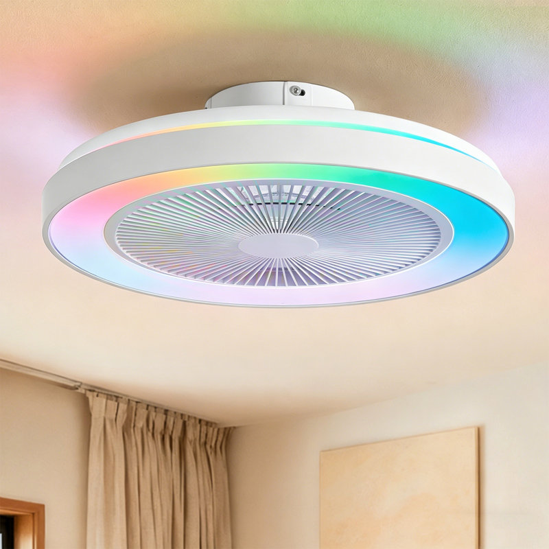 Makaiyla 20" WiFi Bluetooth LED RGB Flush Mount Ceiling Fan Light with Remote APP Voice Control, 20" Wide, White