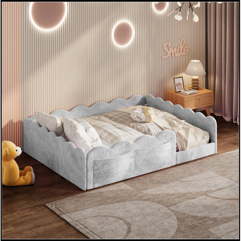 Lit double tapissier sur pied, Gris clair