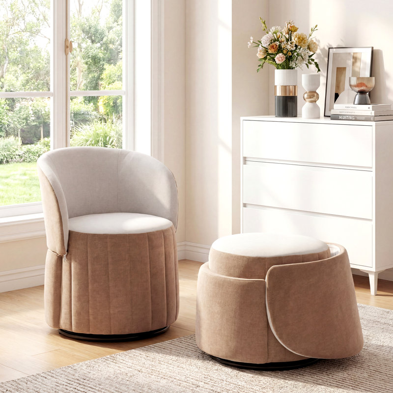  22.8" Wide Mid Century Upholstered Solid Wood Accent Chair Stool, Brown/White