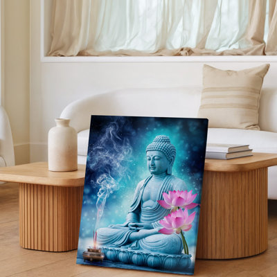 "Toile", une représentation sereine et mystique d'un Bouddha, art mural sculpté avec des textures détaillées et une teinte bleue apaisante