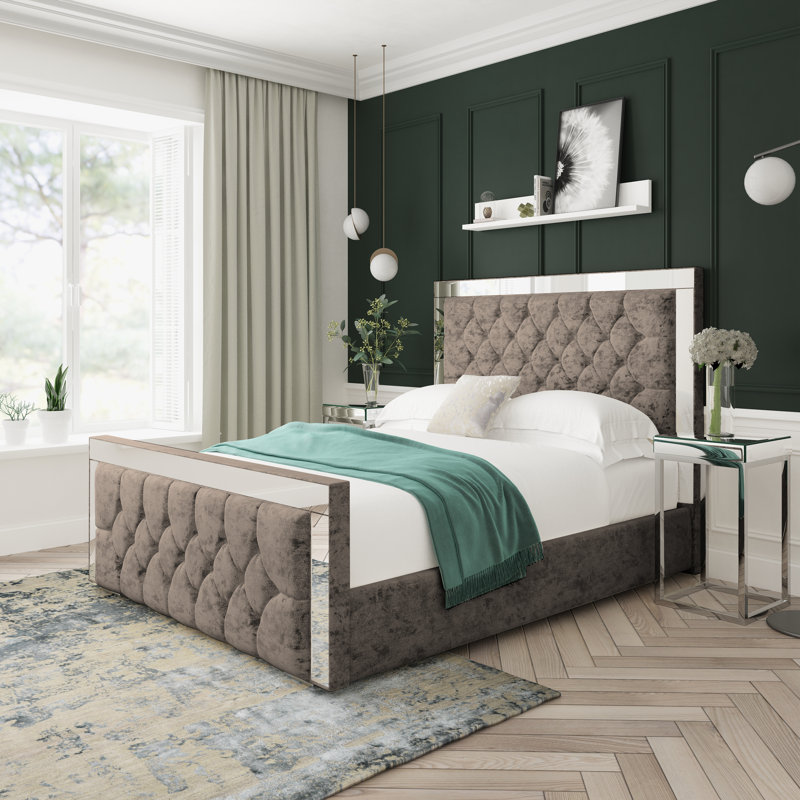 Sage Crushed Velvet Upholstered Ottoman Bed Frame, Mink, Single (3')